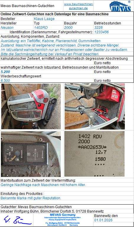 Beispiel für Online-Gutachten für eine einzelne Baumaschine